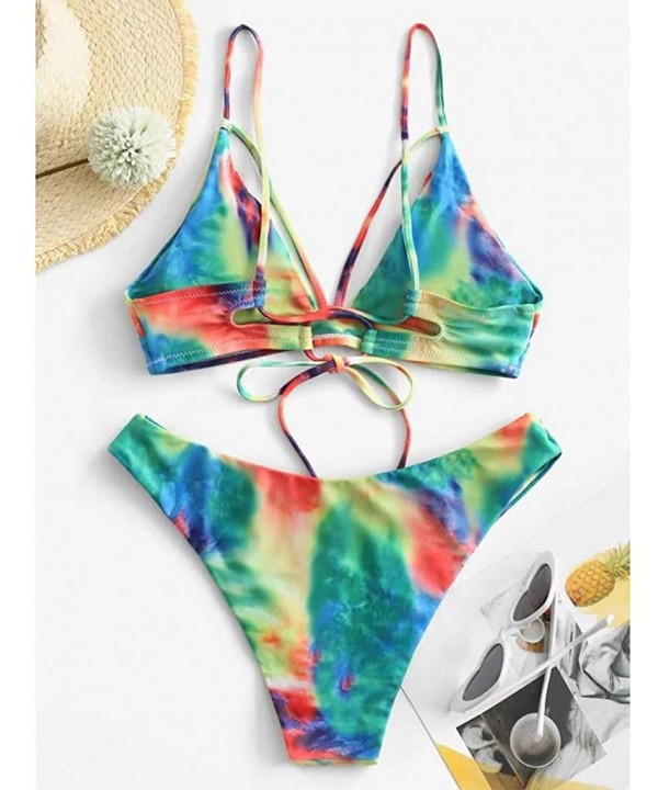 High Waisted Swimsuits for Women Tie Dye Lace Up Two Piece Swimsuit Sexy Spaghetti Straps Split Bikini Set Multi Color - CG19...