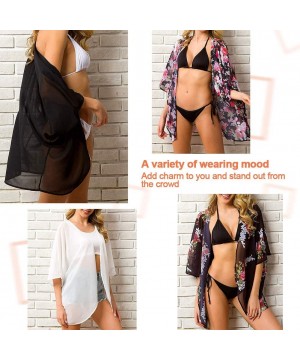 Women's Floral Print Chiffon Kimono Cardigan Casual Top Beach Bikini Cover up - Black - CN19CDMAHIU $16.52-Cover-Ups