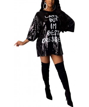 Women Sequin Glitter Letter Print 3/4 Sleeve Round Neck Party Club Mini T Shirt Dress - Black - CU19452IO9K $21.31-Cover-Ups