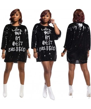 Women Sequin Glitter Letter Print 3/4 Sleeve Round Neck Party Club Mini T Shirt Dress - Black - CU19452IO9K $21.31-Cover-Ups