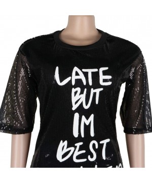 Women Sequin Glitter Letter Print 3/4 Sleeve Round Neck Party Club Mini T Shirt Dress - Black - CU19452IO9K $21.31-Cover-Ups