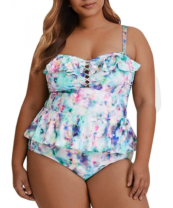 Womens Plus Size Swimwear Peplum Tankini Tops Tummy Control 2 Piece Floral Retro Swimsuits - Plaid - CL18DO6QTOM $28.76-Tankinis