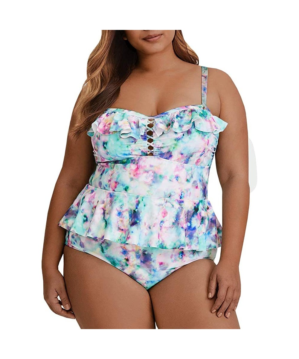 Womens Plus Size Swimwear Peplum Tankini Tops Tummy Control 2 Piece Floral Retro Swimsuits - Plaid - CL18DO6QTOM $28.76-Tankinis