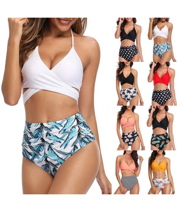 Modest Swimwear-Women Vintage Swimsuit Two Piece Retro Halter Ruched High Waist Print Bikini Set - B-red - CY194L985IW $12.82...