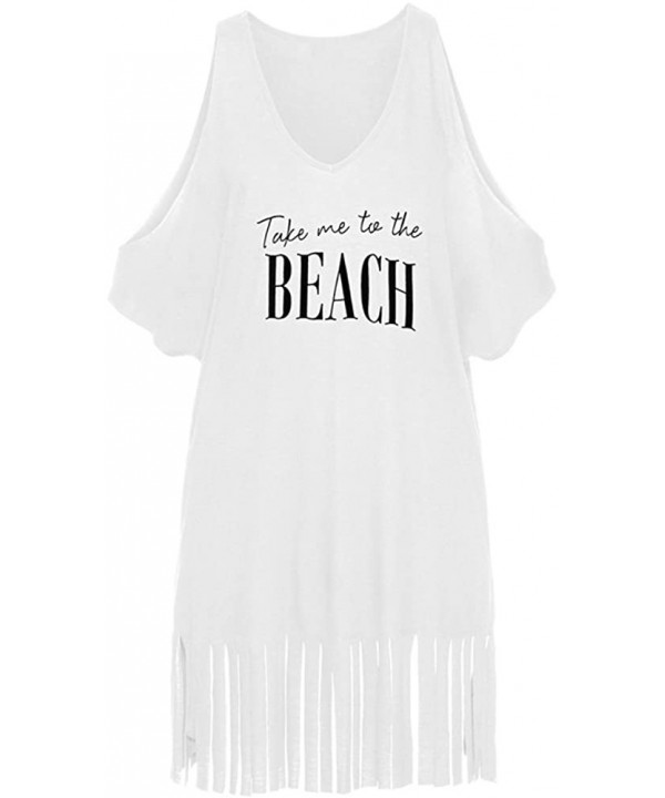 Take Me to The Beach Cold Shoulder T-Shirt Dress Swim Cover Up- White - C418D8O8QTW $24.61-Cover-Ups