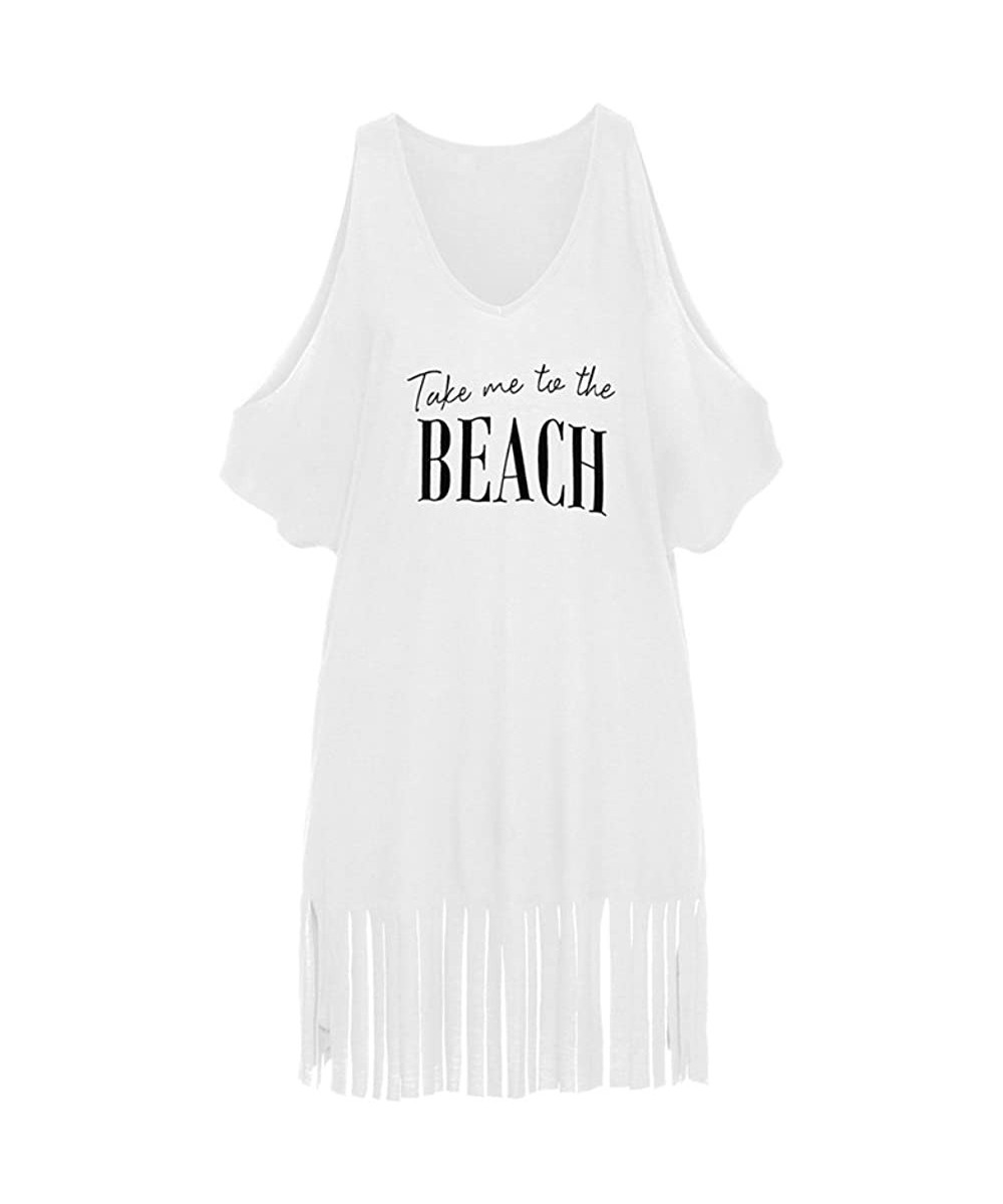 Take Me to The Beach Cold Shoulder T-Shirt Dress Swim Cover Up- White - C418D8O8QTW $24.61-Cover-Ups