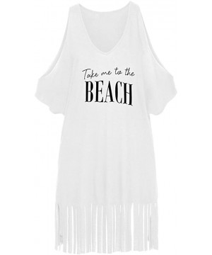 Take Me to The Beach Cold Shoulder T-Shirt Dress Swim Cover Up- White - C418D8O8QTW $24.61-Cover-Ups