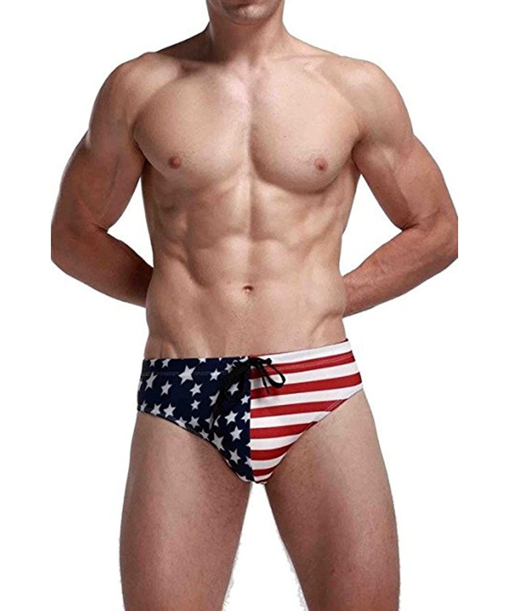 Men American Flag Draw-String Bikini Swimsuit Swim Briefs Suit Swimwear - Blue - CD17YDW8MEQ $10.06-Briefs