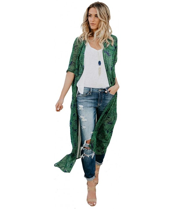 Women Chiffon Long Beach Cover Up- Tunic Swimwear Kimono Cardigan - Green - CO18NM7DQYU $12.78-Cover-Ups