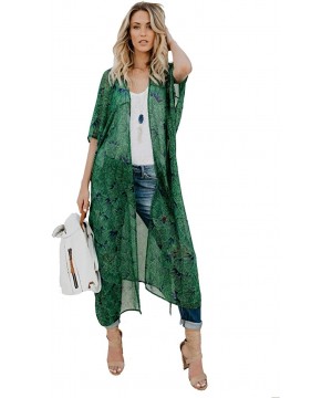 Women Chiffon Long Beach Cover Up- Tunic Swimwear Kimono Cardigan - Green - CO18NM7DQYU $12.78-Cover-Ups