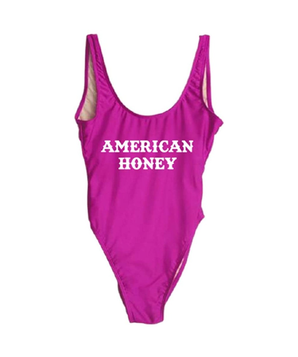 Wifey One Piece Swimsuit Women Swimwear High Cut Low Back Bathing Suit Girls Beach Wear Monokini - Americanhoney-purple-wh - ...