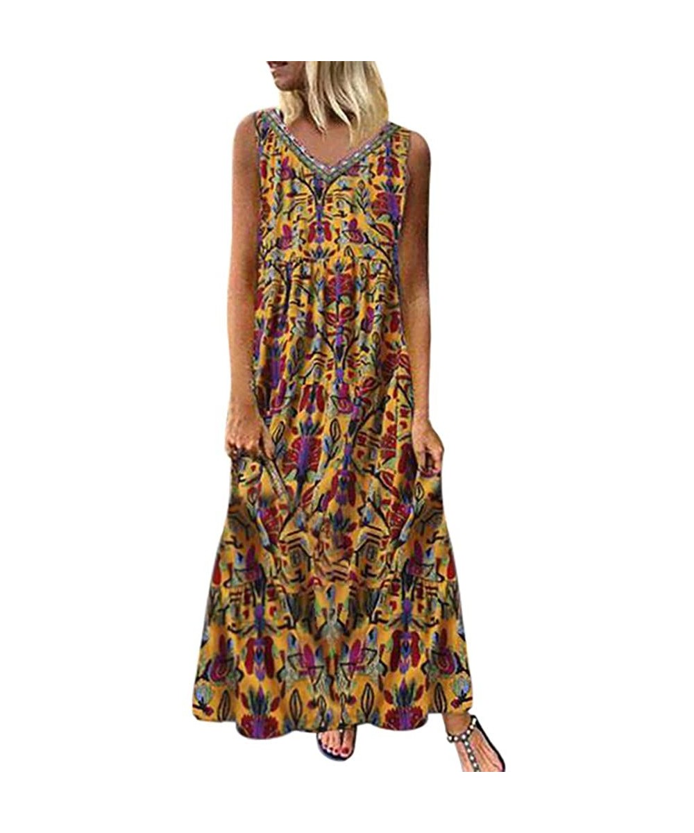 Women's Dresses-2020 Summer Newest Arrival Plus Size Bohemian O-Neck Floral Vintage Sleeve Long Maxi - Yellow - CP18UOQWQ4S $...