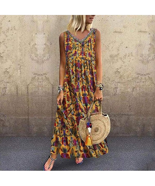 Women's Dresses-2020 Summer Newest Arrival Plus Size Bohemian O-Neck Floral Vintage Sleeve Long Maxi - Yellow - CP18UOQWQ4S $...