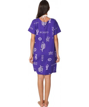 Cotton Dress Summer White Beach Sleeve Casual Short Cover Up Plus Size - Printed Purple/Light Purple - CG1965GZT5H $20.28-Cov...