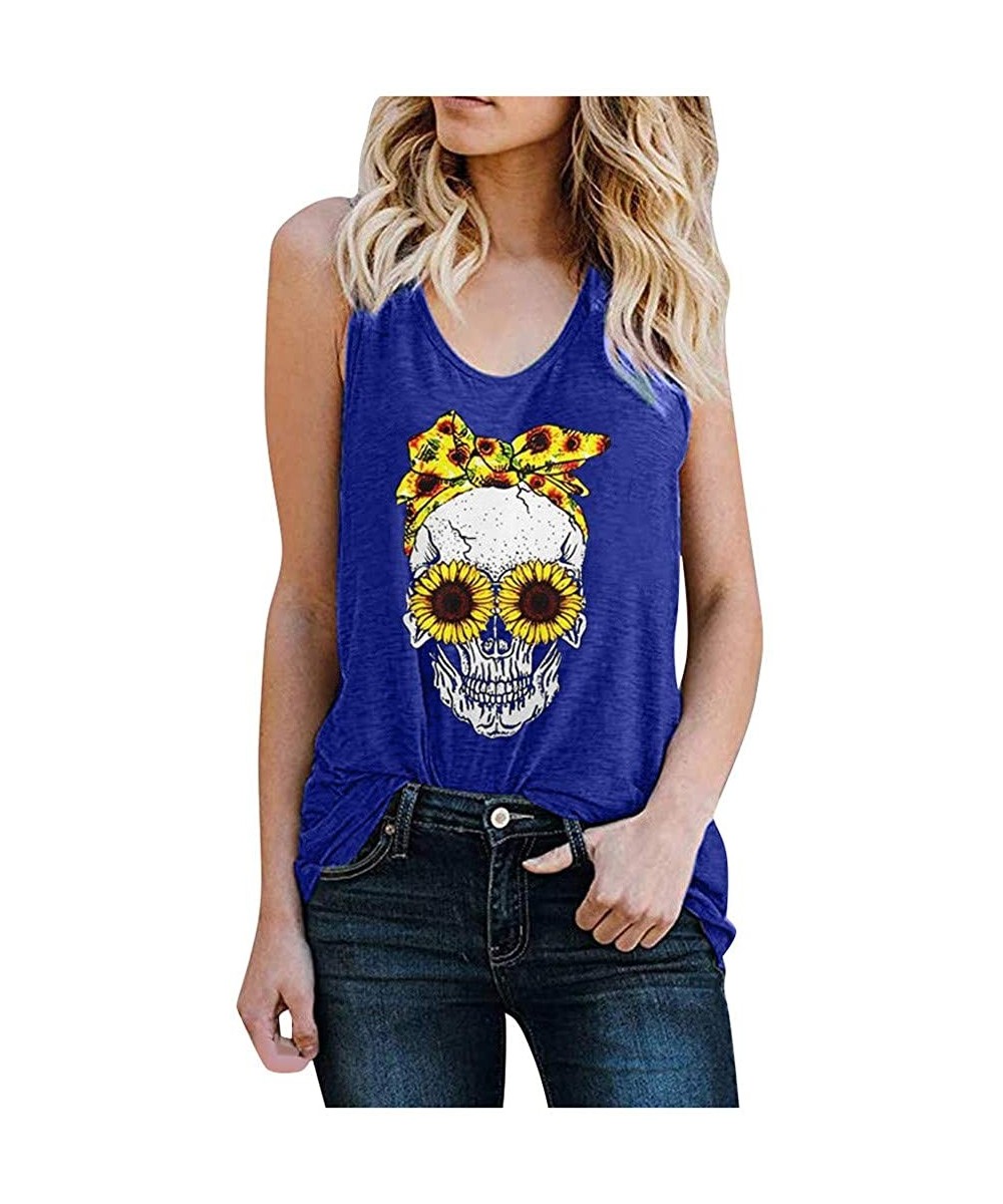 Womens Loose Fit Plus Size Tank Tops Sunflower Skull Print Summer Casual Sleeveless Tops T Shirts Tunic Blouse Blue - CT196UK...