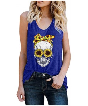 Womens Loose Fit Plus Size Tank Tops Sunflower Skull Print Summer Casual Sleeveless Tops T Shirts Tunic Blouse Blue - CT196UK...