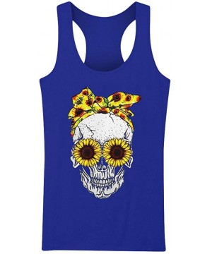 Womens Loose Fit Plus Size Tank Tops Sunflower Skull Print Summer Casual Sleeveless Tops T Shirts Tunic Blouse Blue - CT196UK...