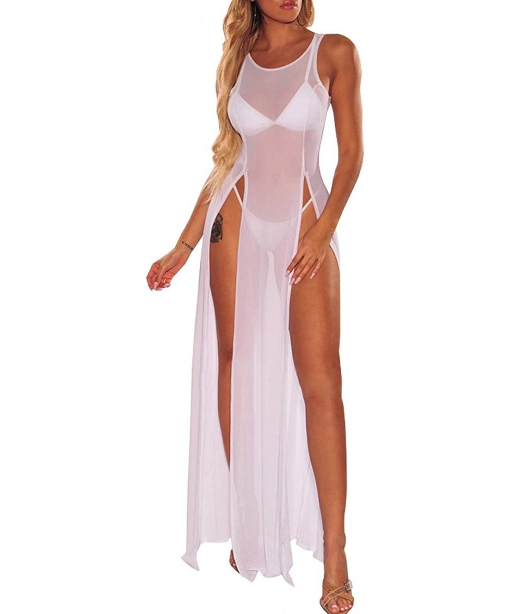 Women's Sexy Mesh Sheer Swimsuit Cover Ups Long Beach See Through Dress - White3 - CF18SAIURXK $26.54-Cover-Ups