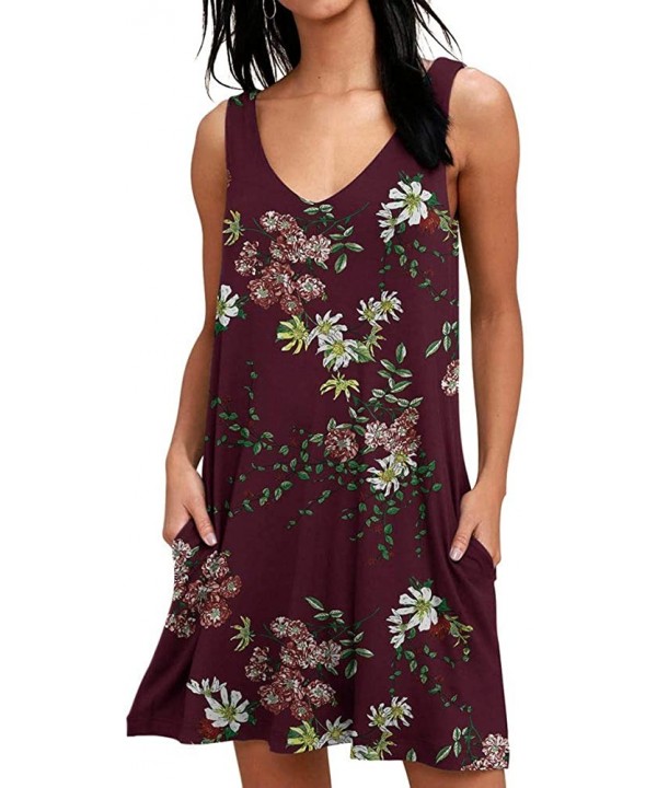 Women Summer Casual V Neck T Shirt Dresses Beach Cover up Plain Tank Dress - Floral Wine - C618QDTOLQI $33.14-Cover-Ups