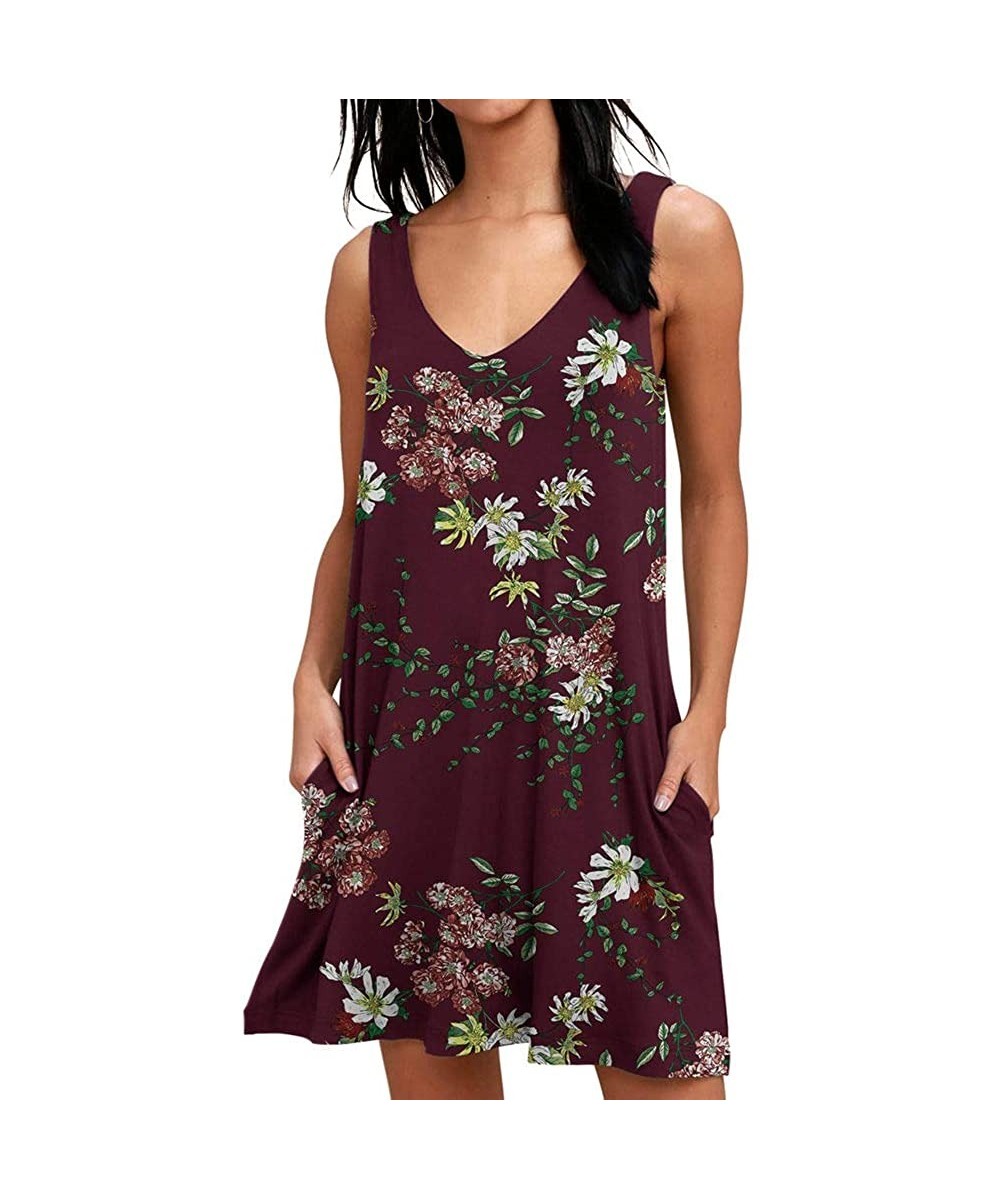 Women Summer Casual V Neck T Shirt Dresses Beach Cover up Plain Tank Dress - Floral Wine - C618QDTOLQI $33.14-Cover-Ups