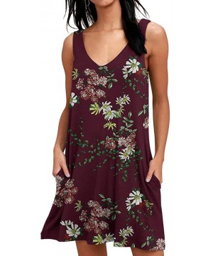 Women Summer Casual V Neck T Shirt Dresses Beach Cover up Plain Tank Dress - Floral Wine - C618QDTOLQI $33.14-Cover-Ups