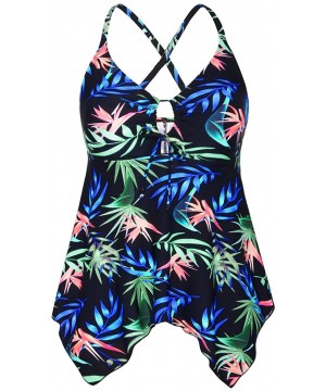 Women's Tankini Swimsuits Modest Flowy Crossback Plus Size Bathing Suit Top - Blue Green Leaf - CQ18GDHKUEA $23.22-Tankinis