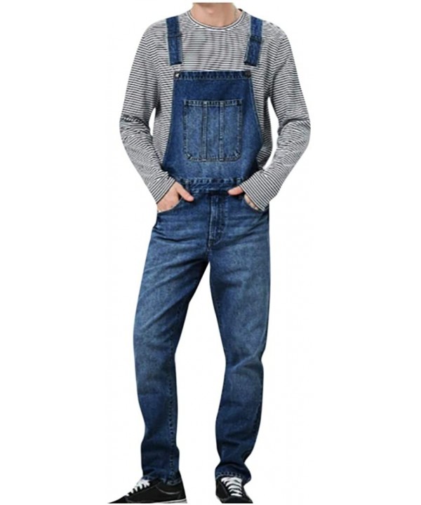 Men's Denim Bib Overalls Fashion Button Skinny Jeans Slim Long Jumpsuit Pants with Pockets - Dark Blue - CK192OENR4X $40.24-R...