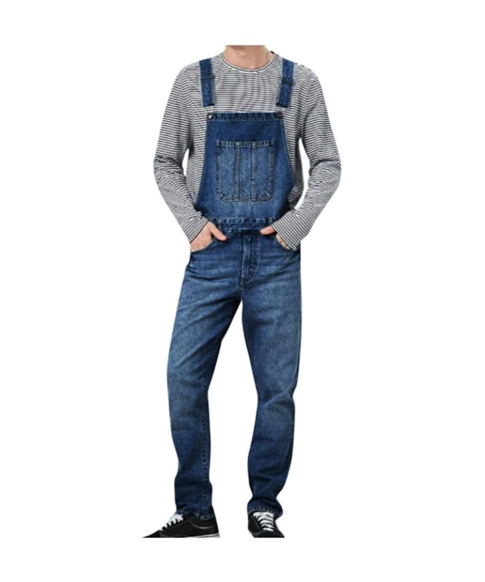 Men's Denim Bib Overalls Fashion Button Skinny Jeans Slim Long Jumpsuit Pants with Pockets - Dark Blue - CK192OENR4X $40.24-R...