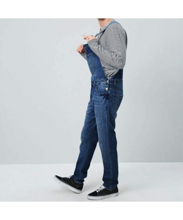 Men's Denim Bib Overalls Fashion Button Skinny Jeans Slim Long Jumpsuit Pants with Pockets - Dark Blue - CK192OENR4X $40.24-R...