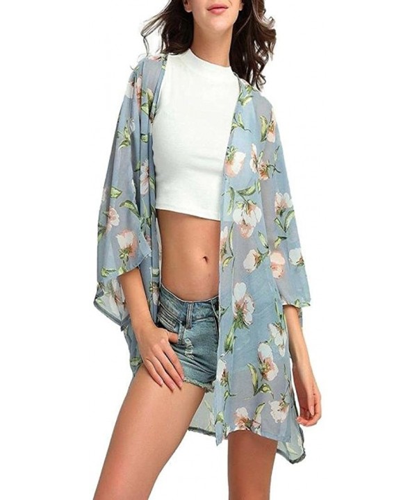 Women Chiffon Loose Shawl Print Kimono Cardigan Top Cover Up Blouse Beachwear - Blue -1 - CY18H36YG7T $10.91-Cover-Ups