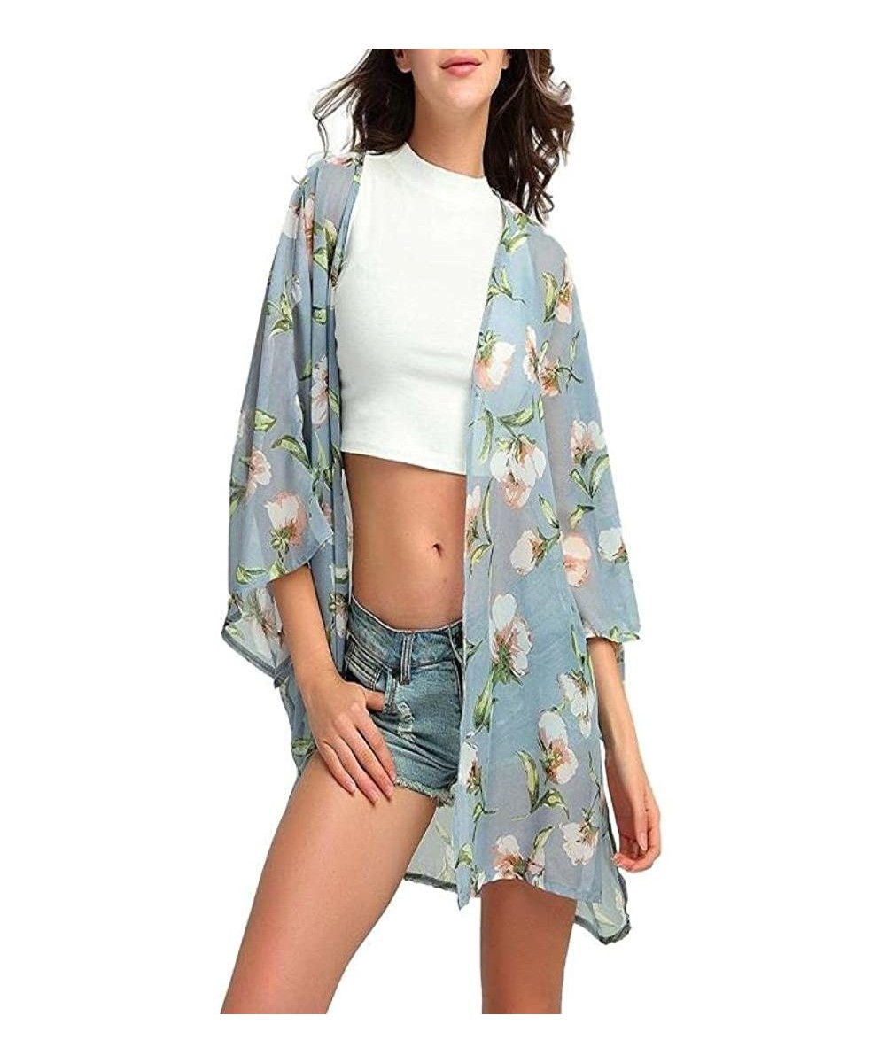 Women Chiffon Loose Shawl Print Kimono Cardigan Top Cover Up Blouse Beachwear - Blue -1 - CY18H36YG7T $10.91-Cover-Ups