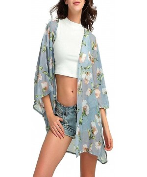 Women Chiffon Loose Shawl Print Kimono Cardigan Top Cover Up Blouse Beachwear - Blue -1 - CY18H36YG7T $10.91-Cover-Ups