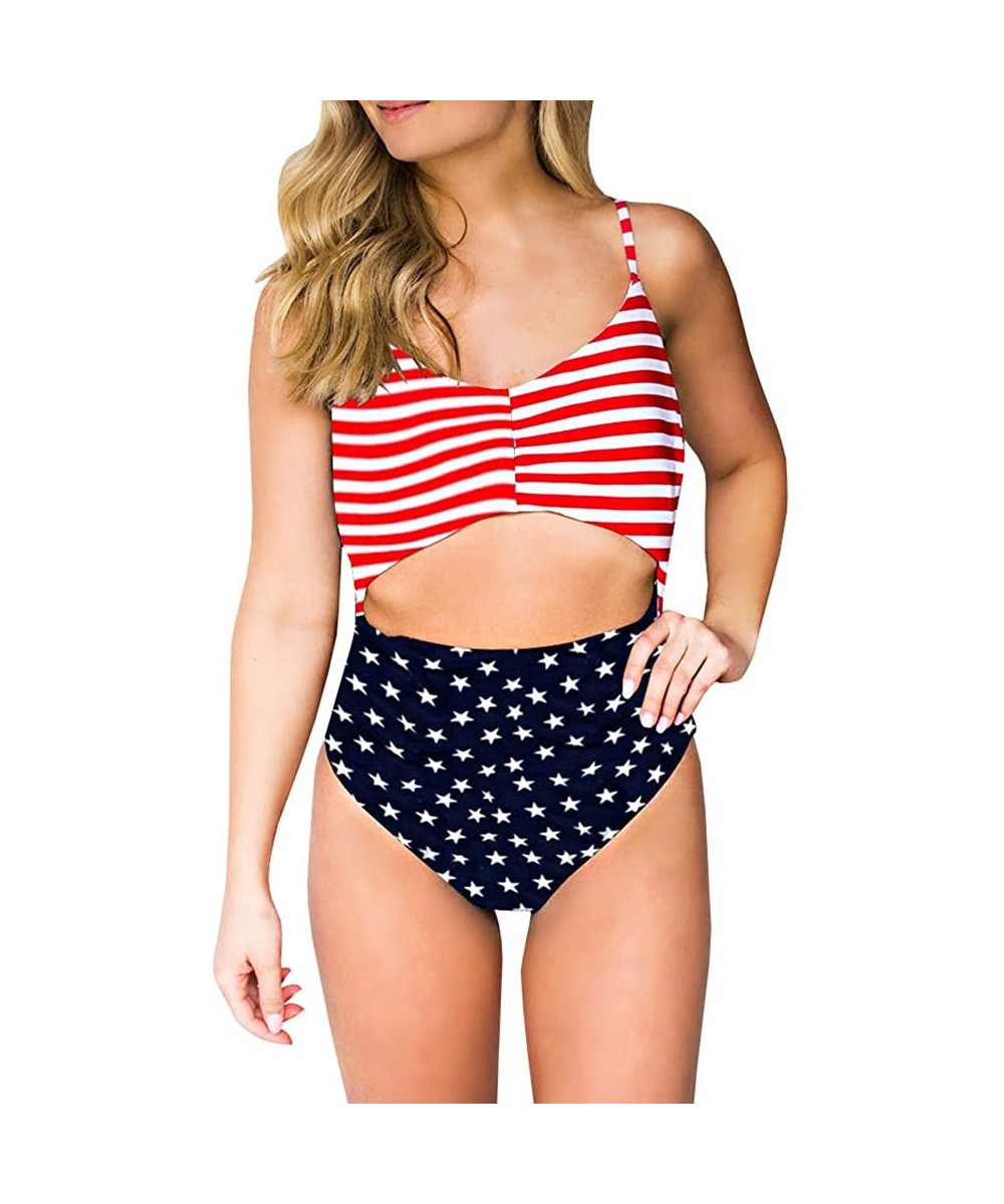 Womens American Flag Stars Stripes Swimsuit Bikini High Waist Cutout Tummy Control Monokini - Red - CE198ETKQKR $30.04-One-Pi...