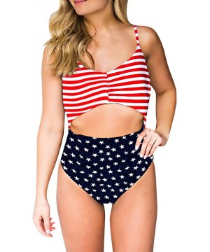 Womens American Flag Stars Stripes Swimsuit Bikini High Waist Cutout Tummy Control Monokini - Red - CE198ETKQKR $30.04-One-Pi...