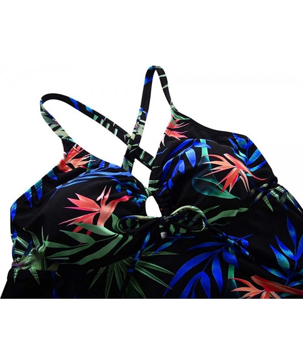 Women's Tankini Swimsuits Modest Flowy Crossback Plus Size Bathing Suit Top - Blue Green Leaf - CQ18GDHKUEA $23.22-Tankinis