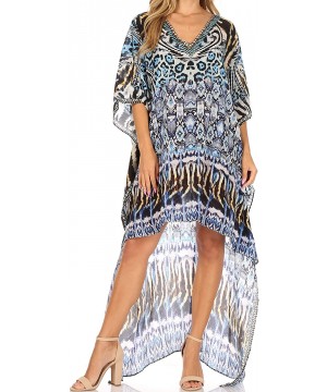 Laisson Flowy Hi Low Caftan Rhinestone Boxy V Neck Dress Top Cover/Up - It44-turq - CM1886TW279 $46.70-Cover-Ups