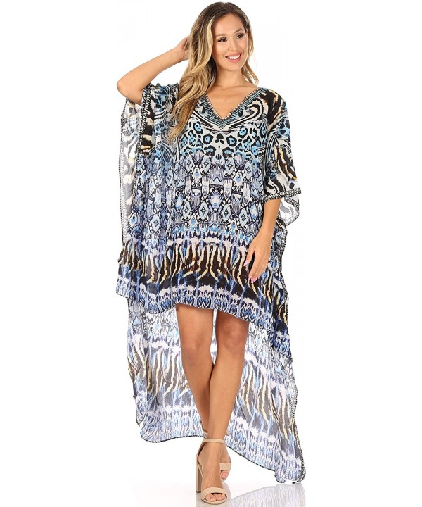 Laisson Flowy Hi Low Caftan Rhinestone Boxy V Neck Dress Top Cover/Up - It44-turq - CM1886TW279 $46.70-Cover-Ups