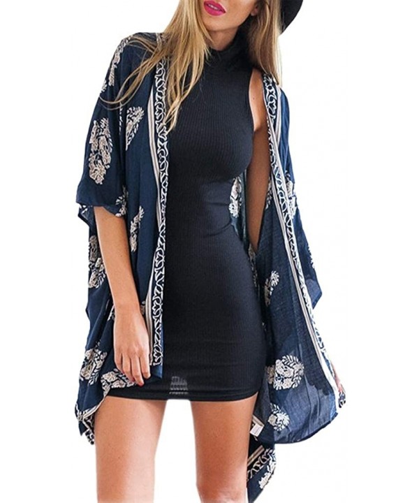 Women Kimono Cardigan Floral Printed Casual Loose Beachwear Cover ups Tops - A Navy Blue - C6182GDDYM9 $17.51-Cover-Ups