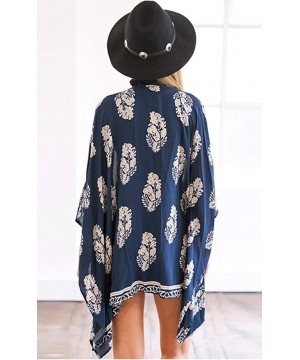 Women Kimono Cardigan Floral Printed Casual Loose Beachwear Cover ups Tops - A Navy Blue - C6182GDDYM9 $17.51-Cover-Ups