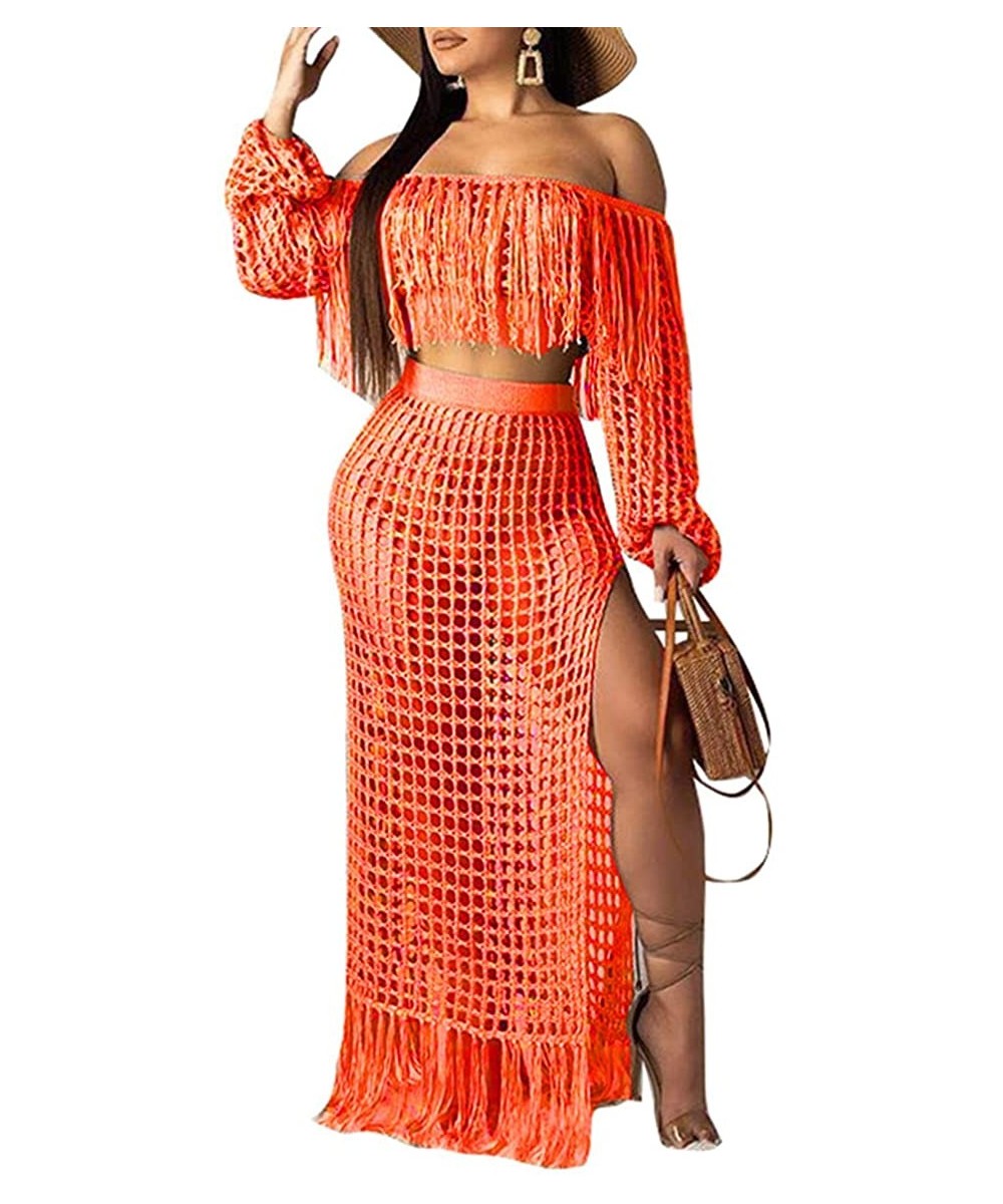 Women's 2pcs Bikini Swimsuit Cover up Beach Outfits Hollow Out Long Sleeve Crop Top Slit Maxi Skirt Dress Set Orange - CG18S8...