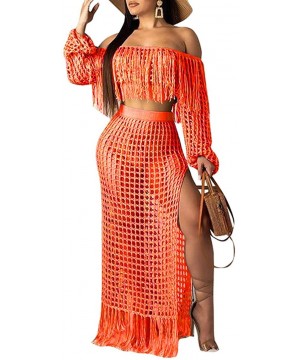 Women's 2pcs Bikini Swimsuit Cover up Beach Outfits Hollow Out Long Sleeve Crop Top Slit Maxi Skirt Dress Set Orange - CG18S8...