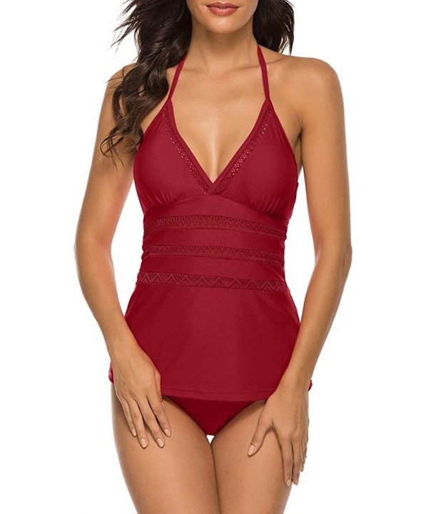 Womens Halter V Neck Tankini Set Two Piece Swimsuit Bathing Suit - Dark Red - CY19CDNHCT6 $29.07-Sets