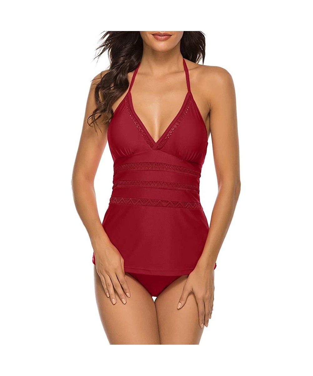 Womens Halter V Neck Tankini Set Two Piece Swimsuit Bathing Suit - Dark Red - CY19CDNHCT6 $29.07-Sets