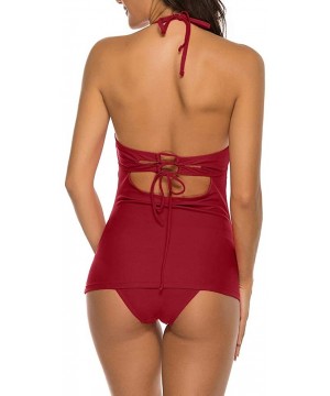 Womens Halter V Neck Tankini Set Two Piece Swimsuit Bathing Suit - Dark Red - CY19CDNHCT6 $29.07-Sets