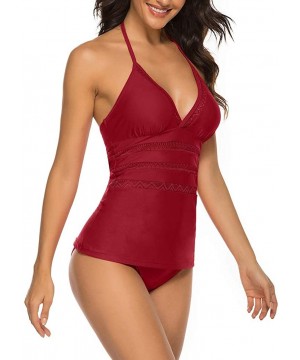 Womens Halter V Neck Tankini Set Two Piece Swimsuit Bathing Suit - Dark Red - CY19CDNHCT6 $29.07-Sets