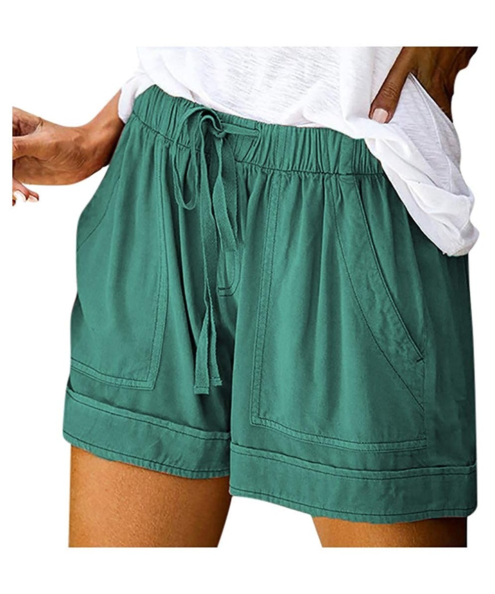 Casual Womens Short Pants Drawstring Splice Elastic Waist Pocketed Loose Shorts - Green - CK199RDZSLI $21.29-Board Shorts