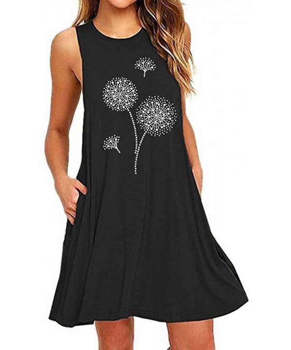 Womens Dandelion Print Short Dress Casual Beach Sundress Mini A Line Sleeveless O Neck Tank Dress with Pocket Black - CG19CS8...