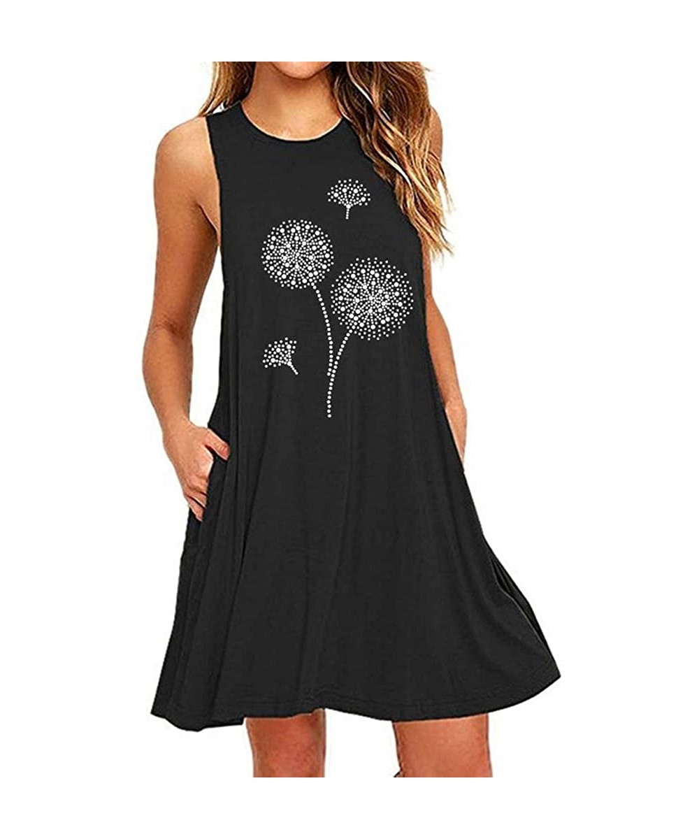 Womens Dandelion Print Short Dress Casual Beach Sundress Mini A Line Sleeveless O Neck Tank Dress with Pocket Black - CG19CS8...