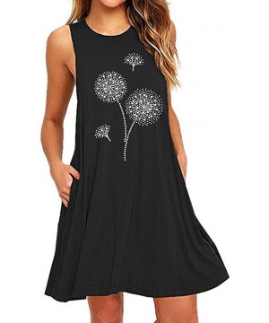 Womens Dandelion Print Short Dress Casual Beach Sundress Mini A Line Sleeveless O Neck Tank Dress with Pocket Black - CG19CS8...