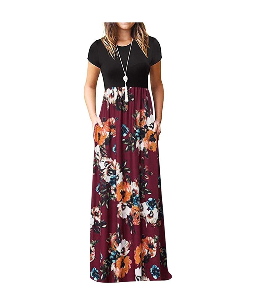 Vestido Women's O-Neck Print T Shirt Maxi Tank Long Swing Dress - Wine O - CF18T7MGEET $12.74-Cover-Ups